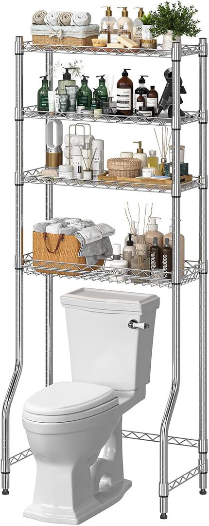 Ekisemio 4-Tier Over The Toilet Storage, Metal Bathroom Shelf with Adjustable Shelves & Basket, Space-Saving Above Toilet Organizer, Chrome