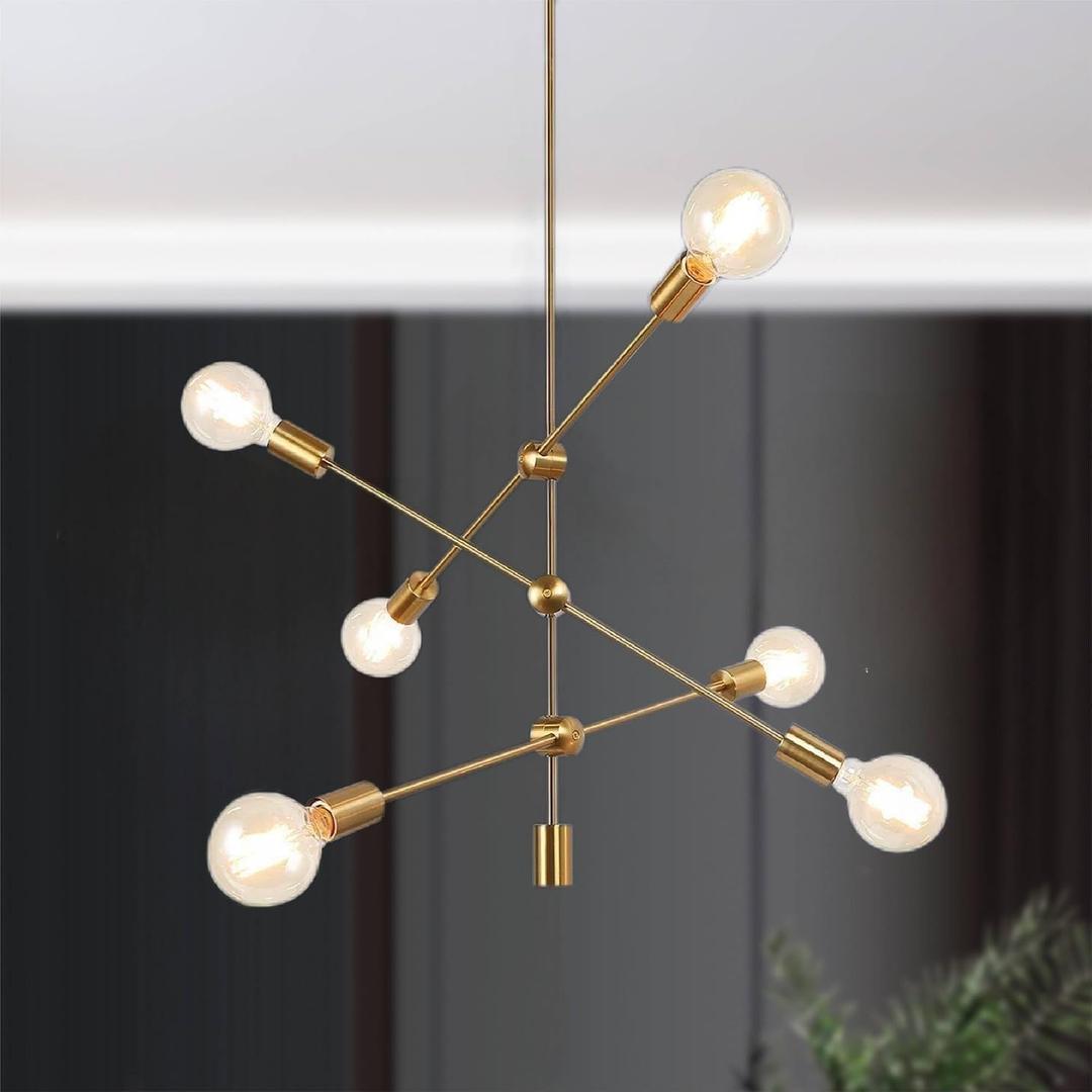 KSANA Modern Sputnik Chandelier, 6-Light Brass Chandeliers Ceiling Light Fixtures Height Adjustable Mid-Century Chandelier for Kitchen Island Dining Room Bedroom