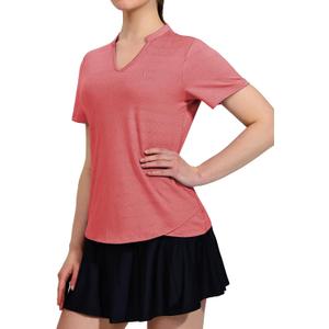MIER Womens Collarless Golf Polo V Neck Short Sleeve Cooling Tops | Mesh Stripe Ventilation, Moisture Wicking Stretch Fabric, Henley V-Cut Placket, Tulip Hem, Machine Washable