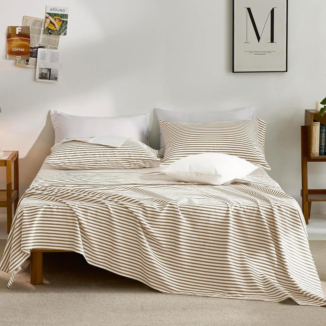 JELLYMONI 100% Cotton Bed Sheets Set  Khaki and White Stripes, Queen Size, Soft Bedding with Deep Pocket Fitted Sheet, Flat Sheet & Pillowcases (1601)