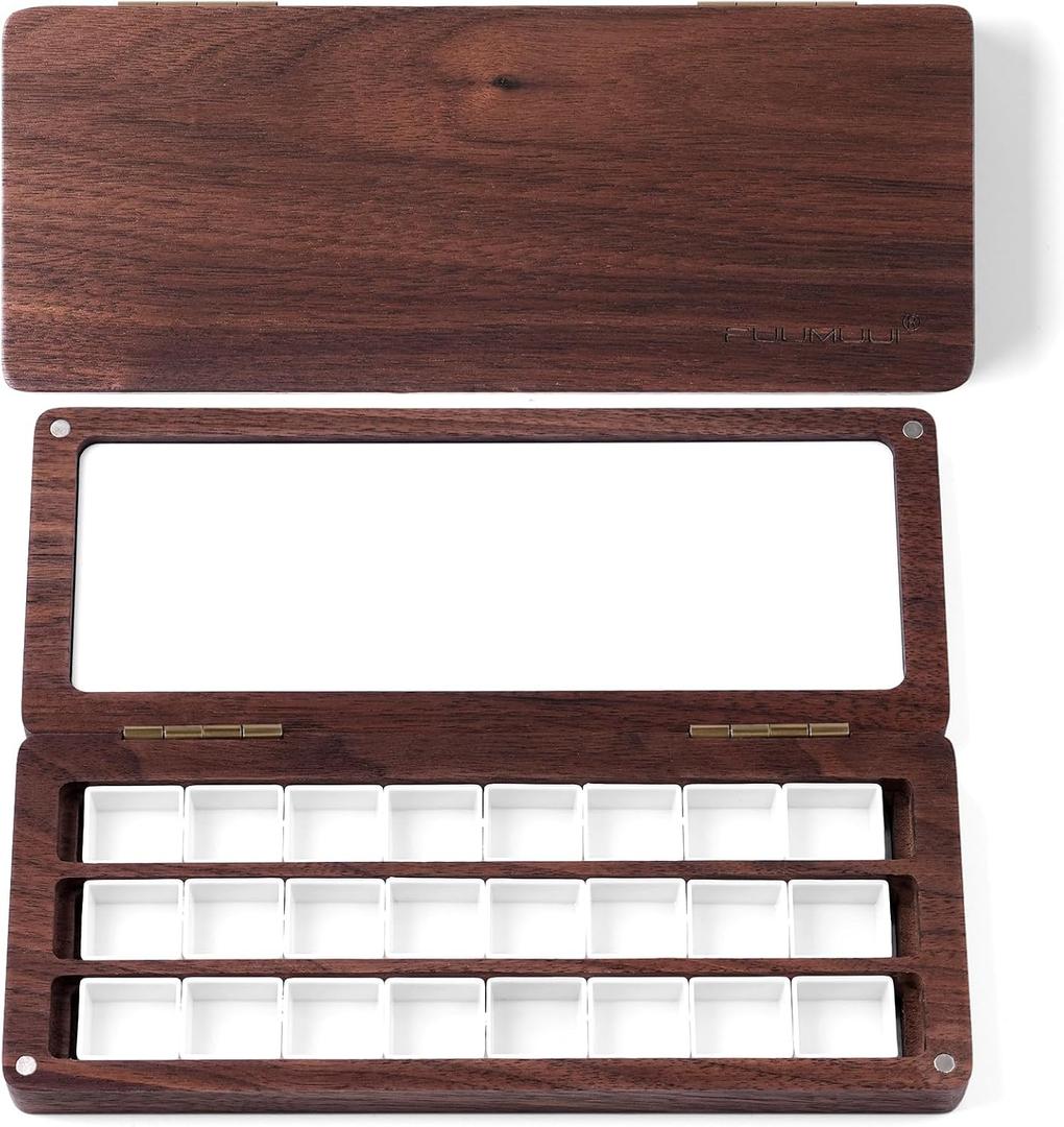 Fuumuui Watercolor Palette Box, Walnut Wood Palette Kit with Cover, 24 Empty Removable Half-pan Grids, Dual Tip Travel Brushes, for Watercolor Gouache Color Mixing, Pure White Palette