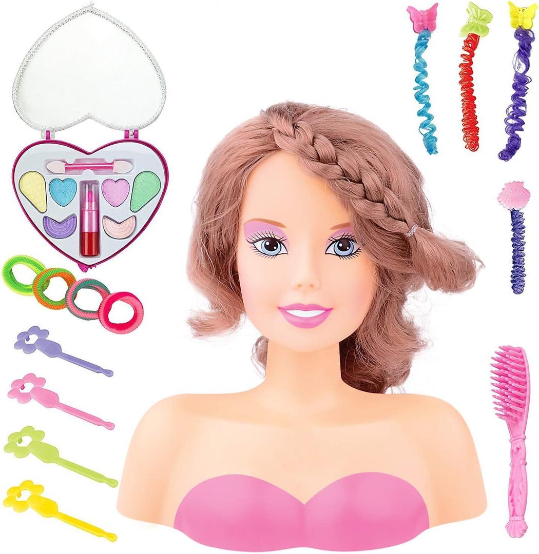 Makeup and Hair Styling Doll Head Toy Kit - Kids Pretend Play Set with Real Washable Cosmetics and Style Accessories for Little Girls