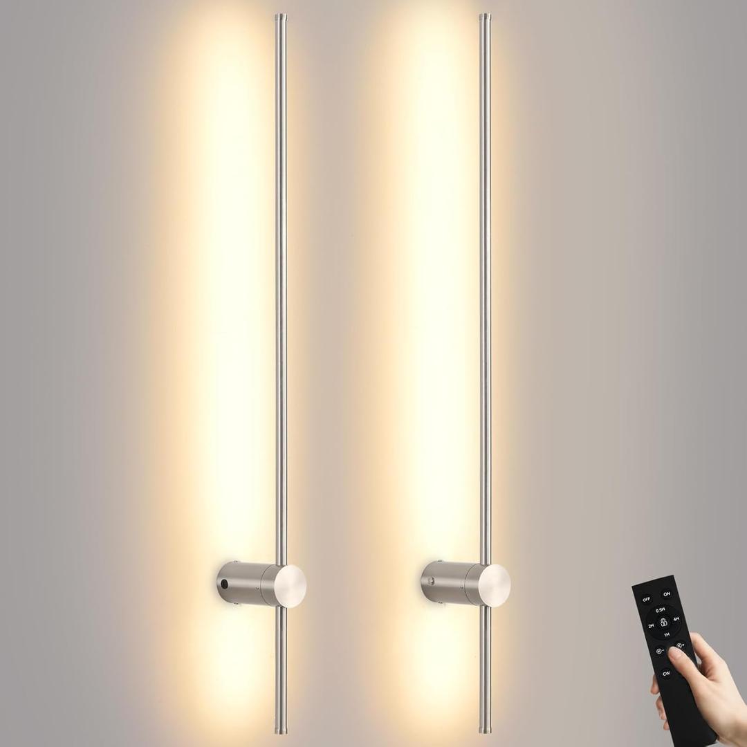 Battery Operated Wall Sconces with Remote, Dimmable 3000K-6000K/Timer/Memory LED Wall Lamp, 350°Rotate, USB Rechargeable Wireless wall lights for Living Room, Bedroom Brushed Nickel 39.3 inch (2 Pack)