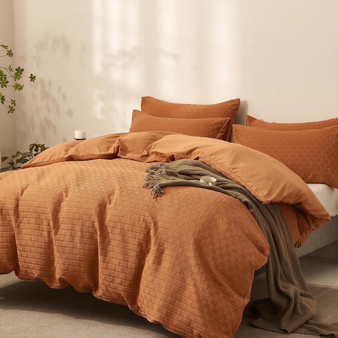 JELLYMONI Duvet Cover Queen Size Waffle Weave Duvet Cover Set Caramel 3PCS Soft Polyester Tufted Textured Breathable Knitted Jacquard Striped Comforter Cover with Corner Ties & Zipper Closure