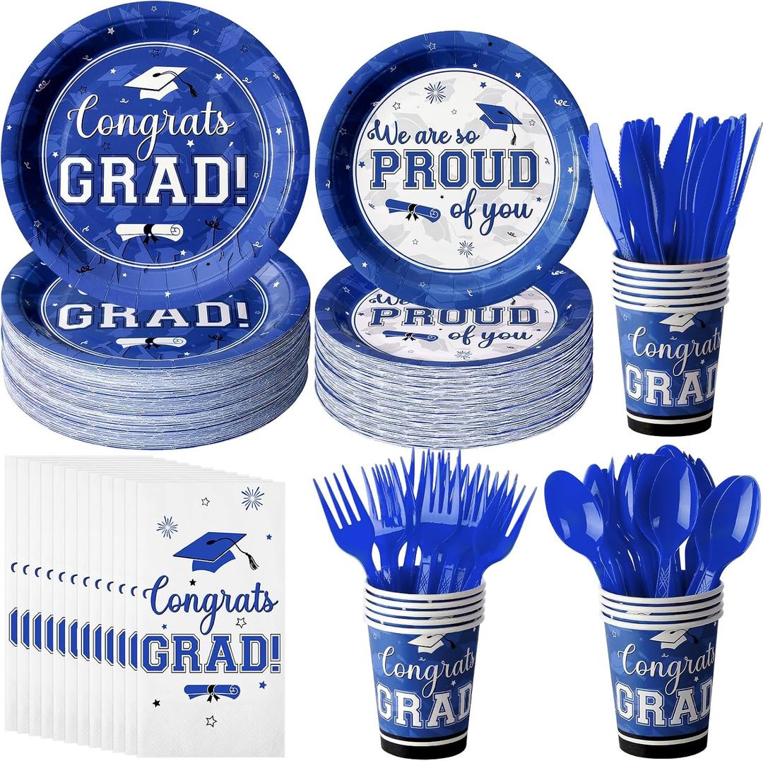 Graduation Party Supplies Congrats Grad Plates and Napkins Set Serve 50, Disposable Tableware Paper Plates Napkins Cups Knives Spoons Forks Straws for Class of 2026 Graduation Party Decorations (Blue)
