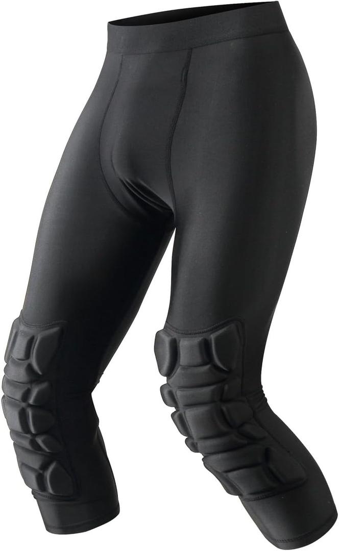 Men Basketball Leggings with Knee Pads, 3/4 Padded Compression Pants with Cup Pocket (Black, L)