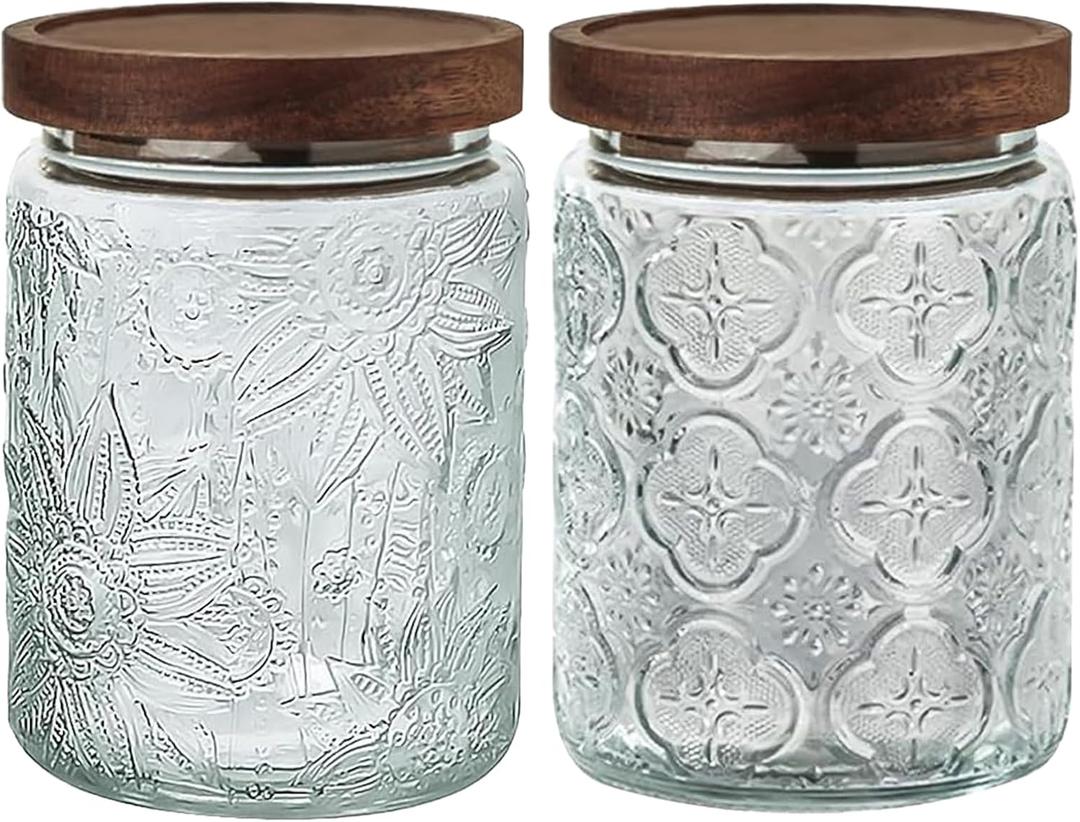 24 OZ Airtight Glass Storage Jar with Bamboo Lid - Vintage Glass Jar Vintage Food Containers Canisters Set for Kitchen Counter & Pantry - Ideal for Sugar, Flour, Coffee, Tea, Candy, Oats -2 Pack ((24oz)Sunflower+Begonia)