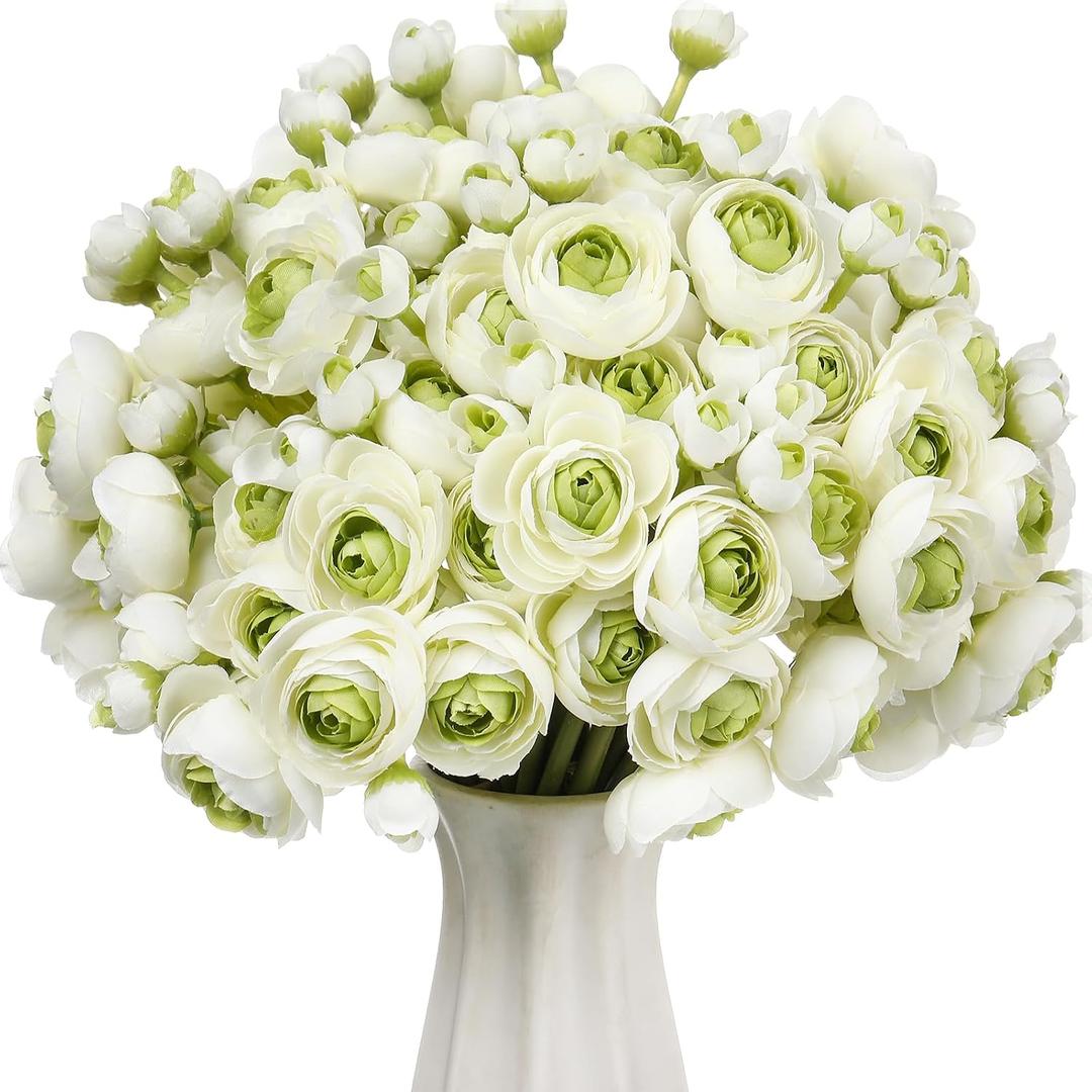 Giegxin 48 Pcs Ranunculus Artificial Flower,Real To Lifelike Peonies Artificial Flower Silk Faux DIY Bouquet for Wedding Bridal Shower Valentine Centerpieces Arrangements Home Decorations(White,Green)