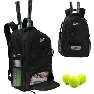 WOLT Tennis Bag - Large Tennis Racket Backpack for Men & Women - Ventilated Shoe Compartment - Holds 2 Rackets (Black)