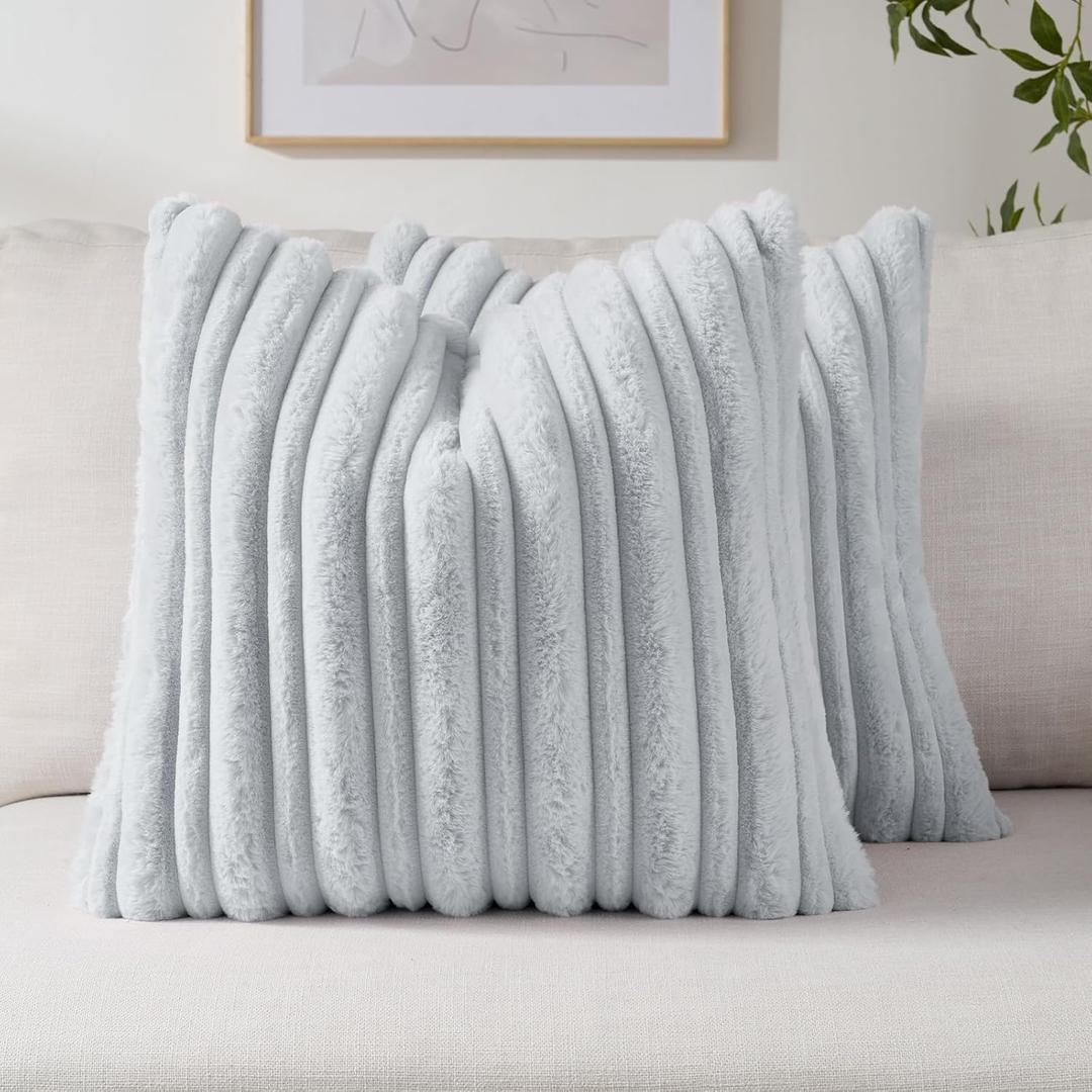 FUTEI Pack of 2 Faux Rabbit Fur Throw Pillow Covers 18x18 Inch Soft Fluffy Thick & Thin Striped Textured Decorative Cushion Case Modern Farmhouse Accent for Couch Bed Living Room, Light Blue