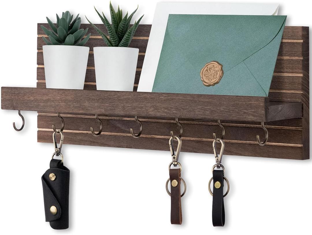 Lwenki Decorative Key Holder for Wall with Shelf, Entryway Shelf with Hooks Holds Leashes, Jackets and Glasses Sturdy Wood Keyholder Entrance Hanger with Mounting Hardware (Brown, Large)