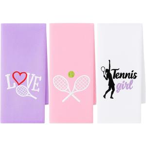 VitalCozy 3 Pcs Tennis Towel Cotton 30x14 Inch Embroidered Sports Towel Funny Tennis for Women Men Sports Player Fitness Accessories (Pink Purple White)