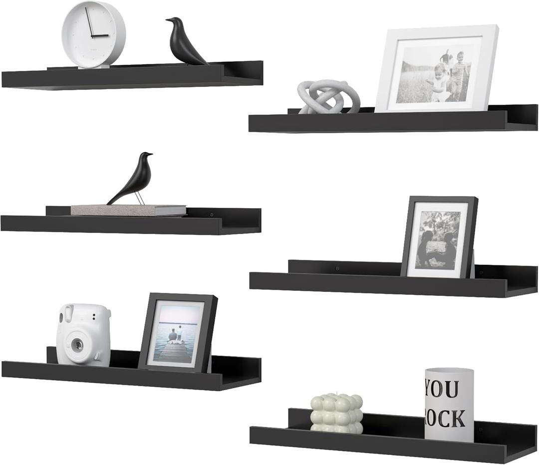 Floating Shelves Set of 6, Black Wall Shelves with Lip, Display Shelves for Wall Decor, Modern Picture Ledge for Living Room, Bedroom, Nursery, Bathroom, Pictures, Books, Plants- Black (Modern Black)