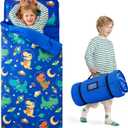 JOIEDOMI Toddler Sleeping Bag for Kids 55''x30'' Nap Mat with Removable Pillow and Minky Blanket for Toddler Ages 3-7 Roll Up Soft Kids Sleeping Bag for Boys Girls Kindergarten Daycare Sleepover (Dark Blue Dinosaur)