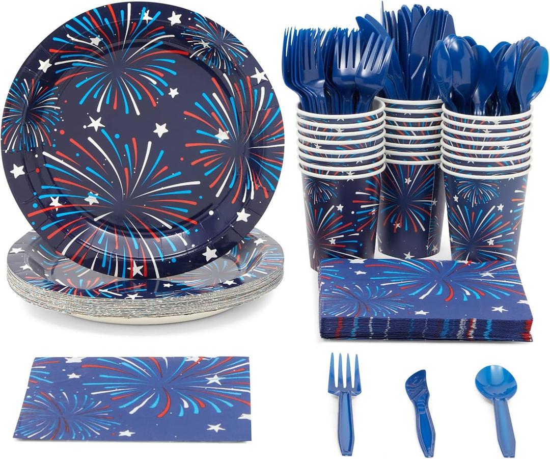 144 Piece 4th of July Party Supplies Fireworks, Napkins, Cups, and Cutlery for BBQ Celebration (Serves 24)