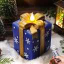 Christmas Flameless Gift Box Candle Hand-Painted Real Wax LED Candle with Remote Timer Battery Operated Blue Gold Decor for Xmas Tree Skirt Ornament Table Outdoor Indoor Holiday