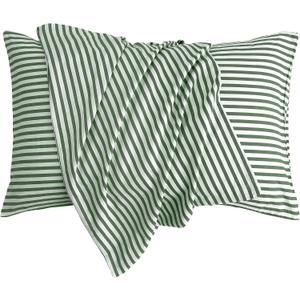 JELLYMONI 100% Natural Cotton Striped Standard Pillowcases Set, 2 Pack White and Green Stripes Pattern Printed Pillow Covers with Envelope Closure(Pillows are not Included)