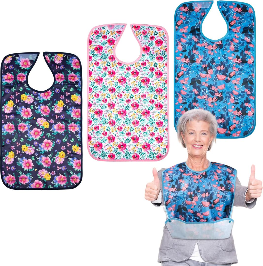 Leekalos 3 Pack Large Adult Bibs, Reusable Waterproof Washable Dining Clothing Protector with Crumb Catcher (One Size, Red-flower)
