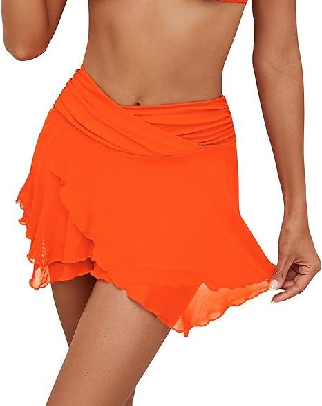 GRAPENT Swim Skirt Bottoms for Women Criss Cross High Waisted Bikini Bottom Layered Mesh Flowy Shorts Bathing Suit Skort Small