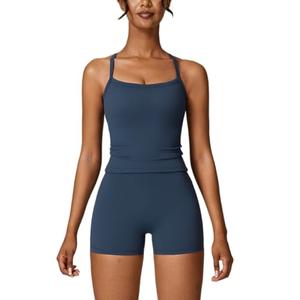 ABOCIW Workout Sets for Women 2 Piece Padded Sports Bra Tank High Waist Booty Gym Shorts Active Wear Yoga Outfits Navy Blue Large