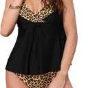 Women's Leopard Colorblock Full Coverage Bikini Sets, 2 Piece Ruffled Long Top Swimwear Bathing Suits 2XL