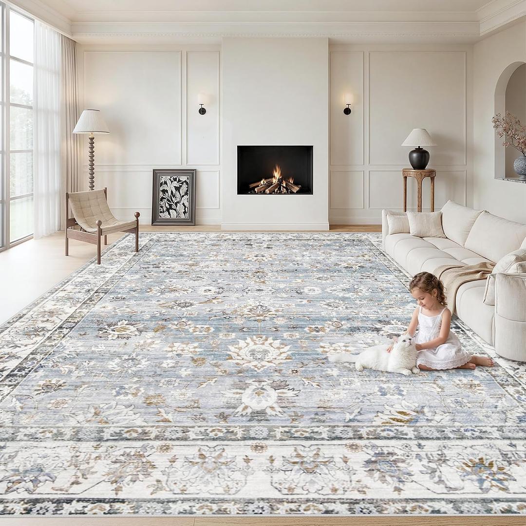 XLUEZ Area Rug 10x14 Living Room Rugs, Machine Washable Vintage Distressed Boho Area Rug Non-Slip Soft Low Pile Large Indoor Rugs for Bedroom Kitchen Dining Room Office (Light Blue, 10'x14')