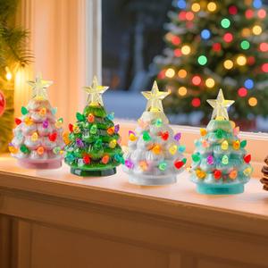 Brightown 4.3 Inch Mini Ceramic Christmas Tree Set - 4 Pack Tabletop Christmas Tree with Multicolored LED Lights, Battery Operated Small Lighted Tree for Home Office Table Holiday Decor, 4 Colors (Green + White + Pink + Light Green)