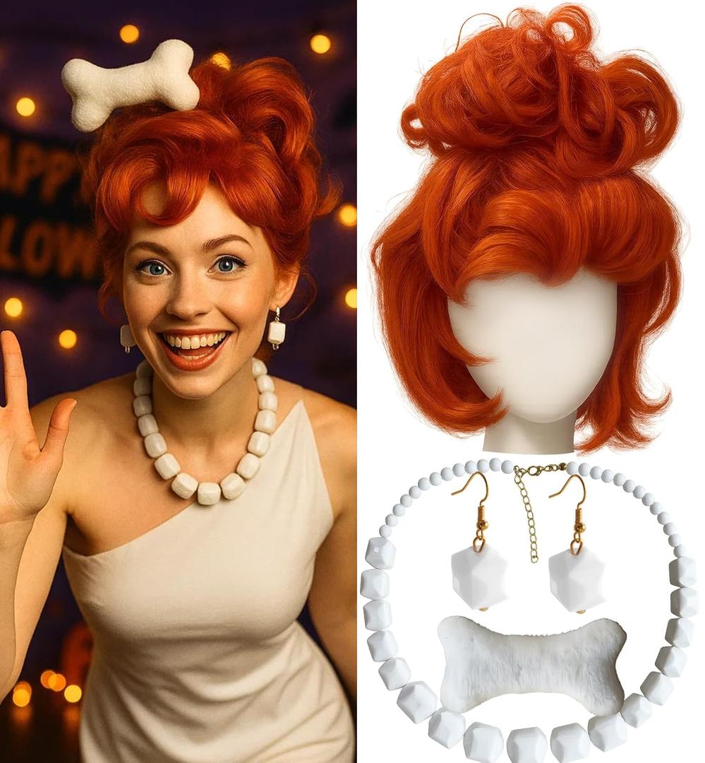 Swooflia Orange Bun Wig for Women & Cosplay Wig Accessories - Convenient Set for Halloween, Costume and Daily Use, Includes Necklace, Earings, Cosplay Wig with Adjustable Wig Cap (Wig1-09)