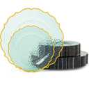 Disposable Plates with Gold Rim, Heavy-duty Clear Plastic Plate Include 10" Dinner and 7" Salad Plate for Party and Wedding