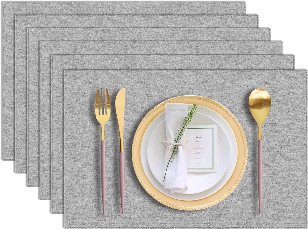 Cloth Placemats Set of 6, Cotton Linen Blend Machine Washable Durable Linen Table Mats, Heat Resistant Placemats Wrinkle Free Place Mats for Dining Table, Easy to Clean (Light Grey, 6)