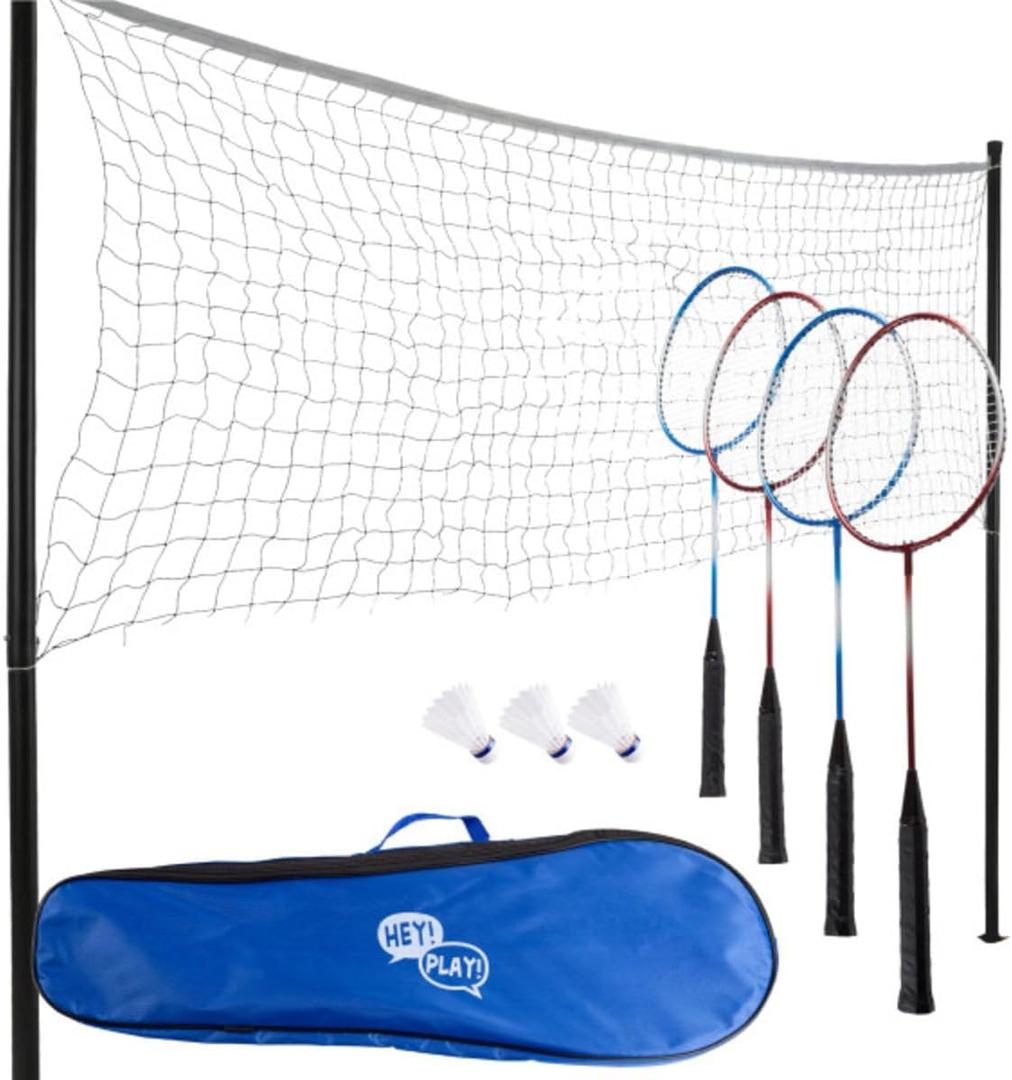 Badminton Set - Backyard Games Include 4 Badminton Rackets, 3 Birdies, Regulation-Size Net with Pole Stakes and Carry Bag - Outdoor Sports by Hey Play, One Size
