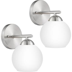 Emak Brushed Nickel Wall Sconce, 2 Light Bathroom Vanity Light with Milk Glass Shade, Modern Bathroom Lighting Fixtures for Bathroom, Living Room, Pictures, Bedroom,Hallway, WS114-BN-ML-2PK