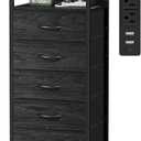Furnulem 5 Drawers Dresser with Charging Station, Fabric Chest of Drawers with Open Shelf, Tall Night Stand, Bedside Table for Closet, Entryway, Bedroom Furniture, 3 Ways to Use, Black Oak