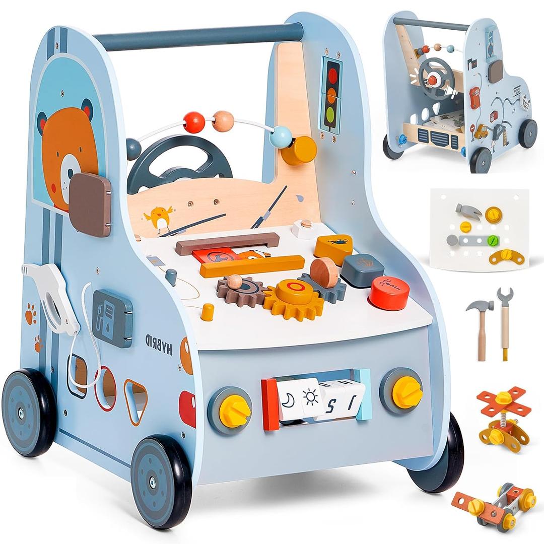Giant bean 11-in-1 Wooden Baby Walker with Activity Center, Car Theme Montessori Walking Toy with Steering Wheel Tool Bench, Push Walker Speed Adjustable, Learning to Walk Gift for Toddler 1-6