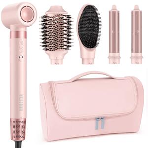 5 in 1 High-Speed Hot Air Styler - Professional Frizz-Free Hair Dryer Brush, Fast Drying Hair Dryer, No Heat Damage Air Styler Wrap - Curl, Volumize, Straighten with Travel Bag (Pink)