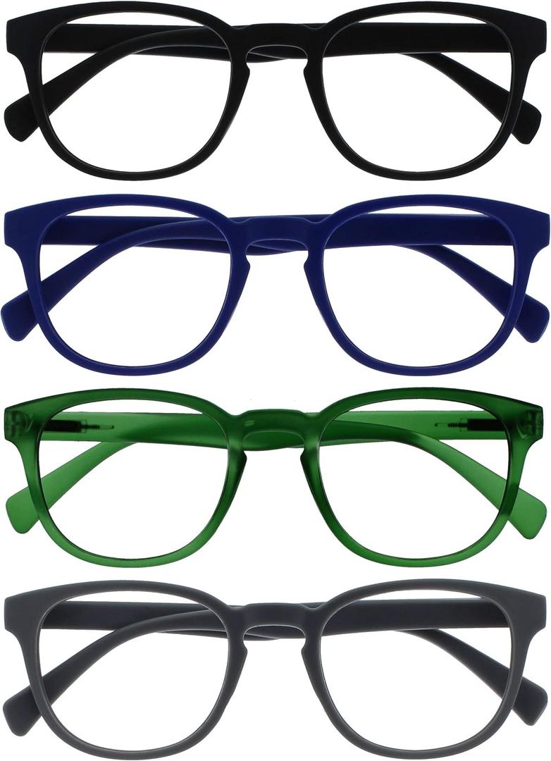 OPULIZE POP Reading Glasses for Women Men,Scratch Resistant Round Matt Frame with Spring Hinges, Black, Blue, Green, Grey +2.50 (Pack of 4)