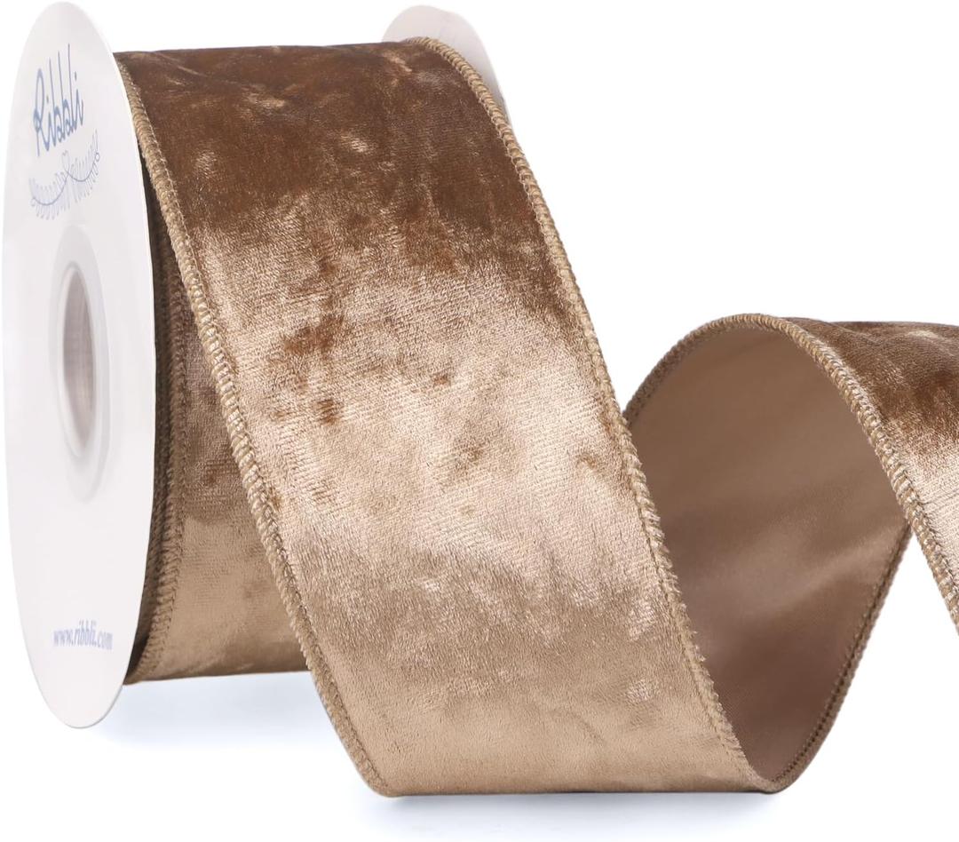 Ribbli Camel Velvet Wired Ribbon 2.5 Inch Crushed Velvet Christmas Ribbon for Gift Wrapping Christmas Tree Decoration Crafts Wreaths Supplies-Continuous 10 Yards - Camel