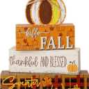Geelin 4 Pcs Thanksgiving Decorations Fall Wooden Sign Pumpkin Tiered Tray Decor Hello Fall Table Centerpiece Wood Blocks Table Top Sign for Home
