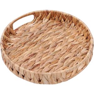 Round Woven Coffee Table Ottoman Tray with Handles - 11.8" x 1.9" Water Hyacinth Wicker Serving Tray, Decorative Storage Basket for Home & Kitchen.