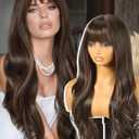Brown Highlight Wigs with Bangs, Light Brown Highlight Layered Wig for Women, Long Wavy Wigs Synthetic Hair Wig for Party Daily Use 26IN