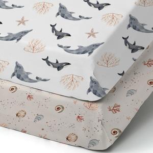 Pack n Play Sheets, BROLEX 2 Pack Mini Crib Sheets,Stretchy Portable Fitted Playard Sheet Set, Convertible Playard Mattress Cover,Ultra Soft Breathable Material, Dolphins Shells