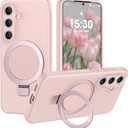Liquid Silicone Case for Samsung Galaxy S25 Plus with Magnetic Stand, Mil-Grade Drop Shockproof, Full Camera Protection Anti-Scratch Microfiber Lining Silicone Phone case, Pink