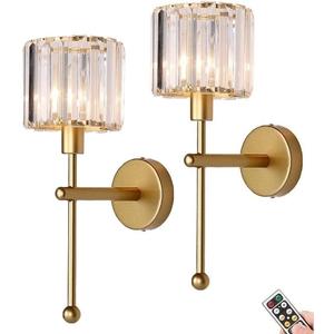 Modern Glass Crystal Wall Sconces Battery Operated Set of 2, Gold Rechargeable Wall Lights with Remote,Non Hardwired Clear Wall Lighting Fixture Brass for Bedroom Bathroom Living Room Porch