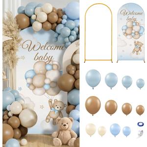 148 Pcs Bear Baby Shower Decorations Balloon Metal Arch Backdrop Stand and Cover Set Decor Dusty Blue and Brown Balloon Arch Kits Bear Baby Shower Gender Reveal Birthday Party Decorations, 18/12/10/5 inches