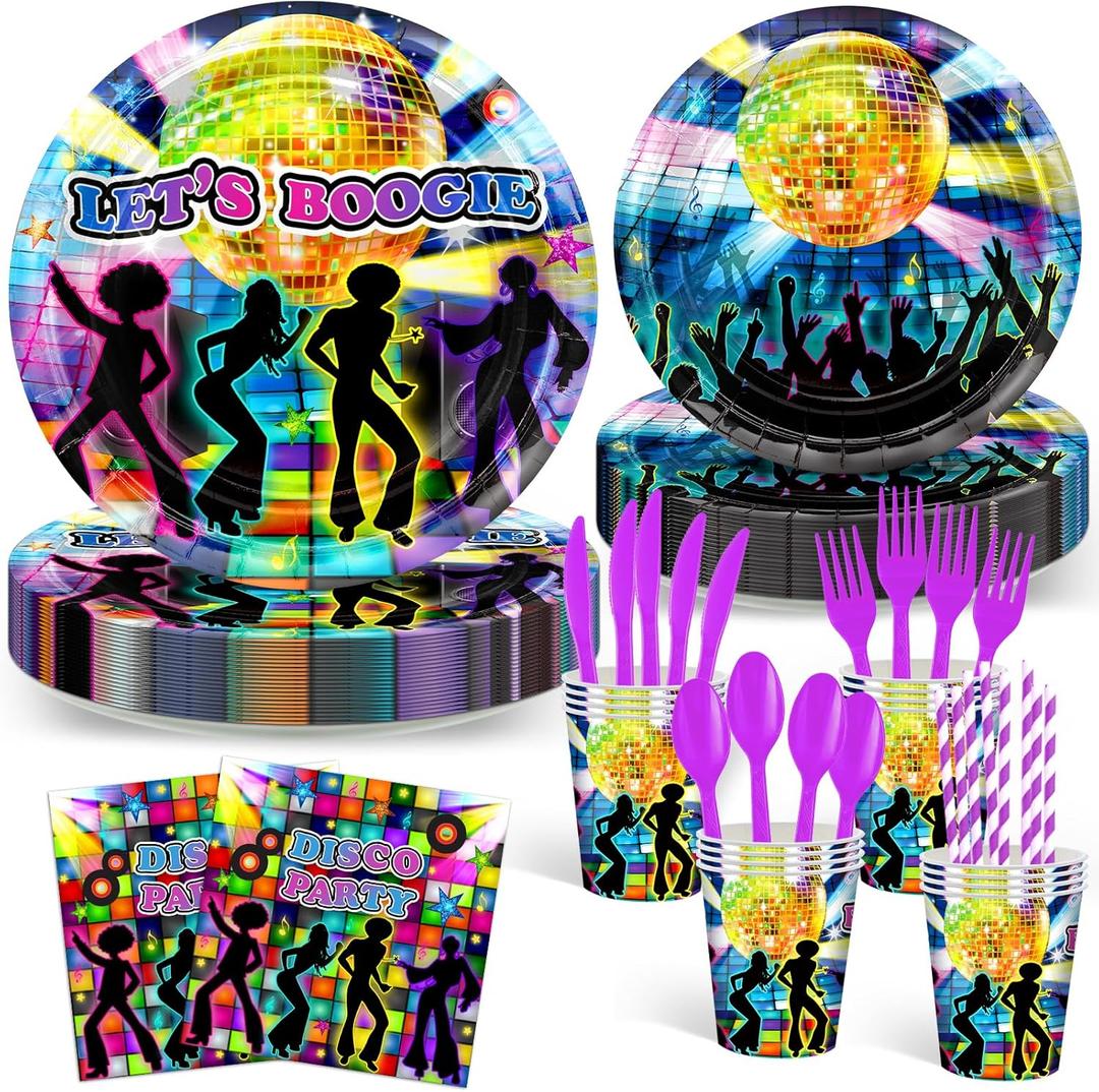 Avezano 192 Pcs Disco Party Plates and Napkins Supplies 70's Party Decorations Let's Boogie Theme Party Tableware Kit for Birthday Baby Shower Favors, Serves 24