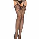 Leg Avenue Women's Lace Top Fishnet Stockings with Attached Garter Belt, Industrial Black, One Size
