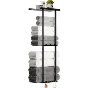 Towel Racks for Bathroom, 3 Tier Metal Towel Holder, with Shelf & 6 Hooks, 29 inch Wall Mounted Towel Storage, 6 Large Bath Towels Capacity,Small Bathroom Towel Rack for Rolled Towels, Black