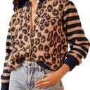 Women's Leopard Striped Cardigan Open Front Color Block Button Down Knit Sweater Fall Cropped Coat (XL)