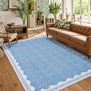 GarveeHome 5x7 Rug for Living Room, Scalloped 5 X 7 Area Rugs Washable Non-Slip Solid Blue Modern Minimalism Low-Pile Carpet for Bedroom Dining Nursery Mat with Rubber Back