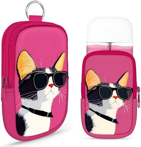 Energymax Hand Sanitizer Spray Case, Compatible with Touchland Hand Sanitizer Mist Spray, Portable Mini Pouch, Fashion Accessory Keychain with Snap Hook 1FL. OZ., Cool Cat Wearing Sunglasses, 3 Pack